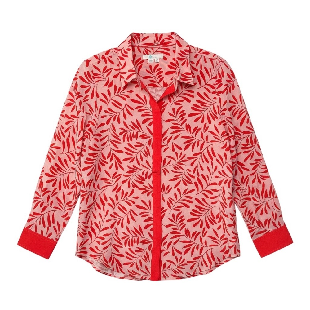 Boden Silk Button Down Shirt Womens Pink Red Leaf Print‎ Botanical 6